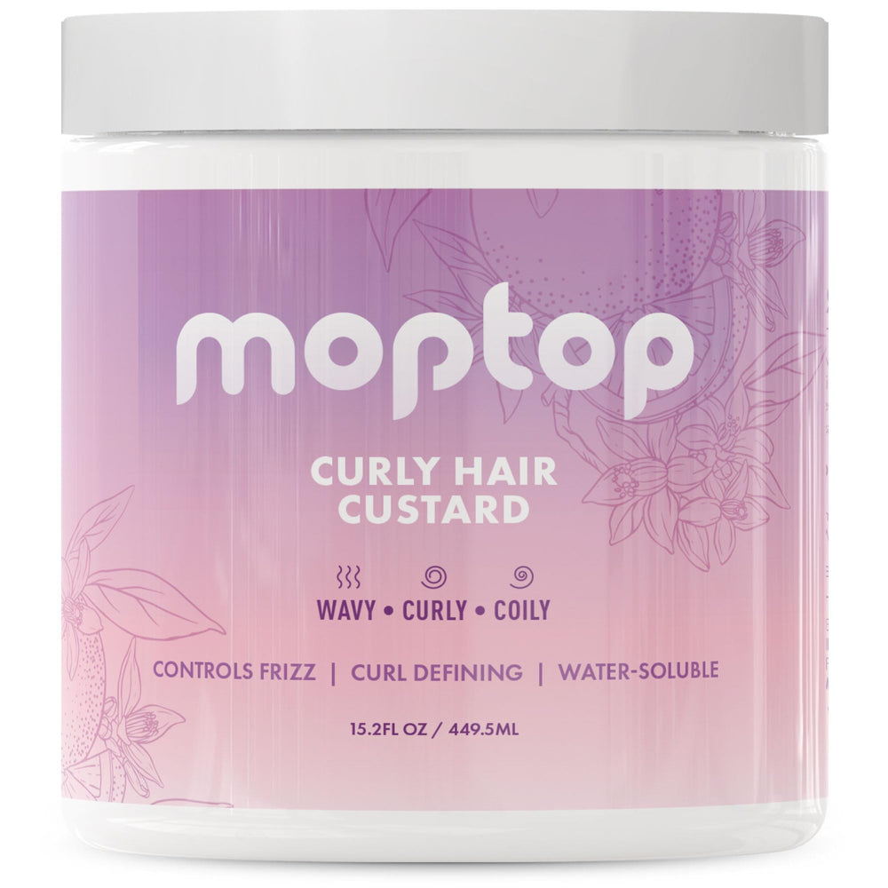 MopTop Curly Hair Gel Custard bottle close-up highlights Citrus Kumquat aroma for frizz control