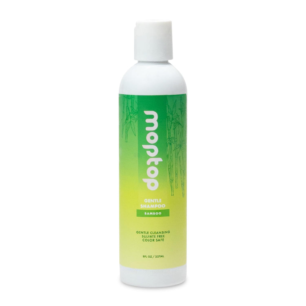 MopTop Gentle Shampoo bottle shows a sulfate-free, daily cleansing formula for all hair types.