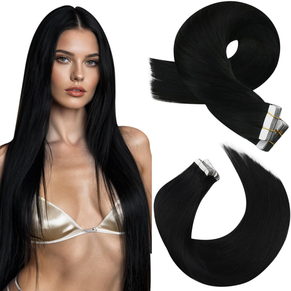 Moresoo black tape-in hair extensions packaging shows a pristine seal for authenticity.