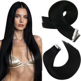 Moresoo black tape-in hair extensions packaging shows a pristine seal for authenticity.
