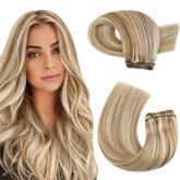 Moresoo sew-in extensions in blonde highlights blend naturally for a seamless look.