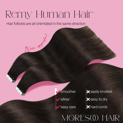 Moresoo tape-in extensions closeup remy hair displays soft, durable strands for daily styling.