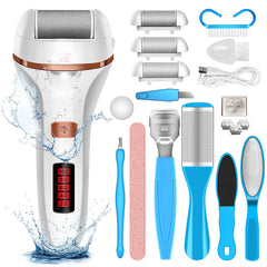 MOREVAC electric foot file with LCD display showing battery life for convenient charging.