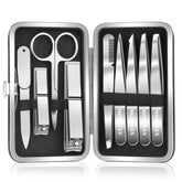 MORGLES 9-piece set open in leather case for easy travel grooming.