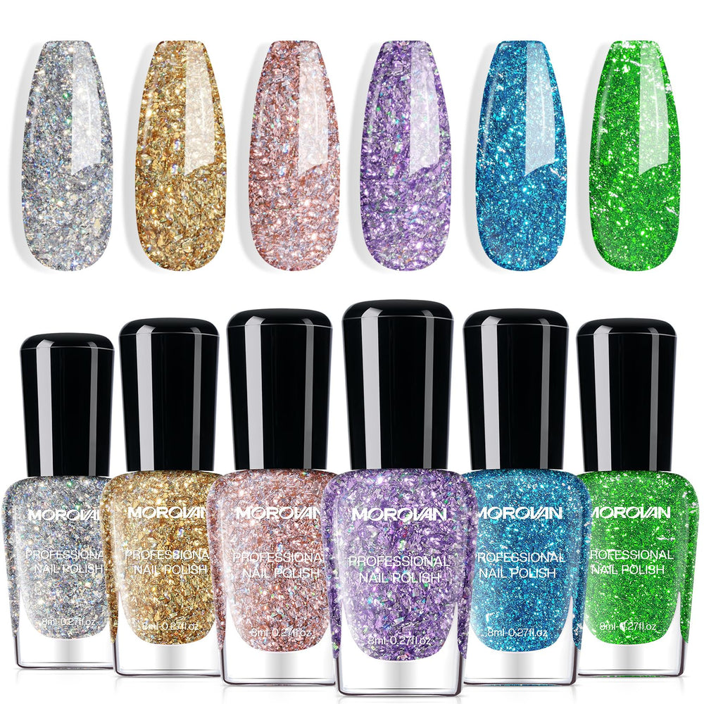 Morovan Glitter Nail Polish Set bottle closeup shows shimmering confetti for chic nails.