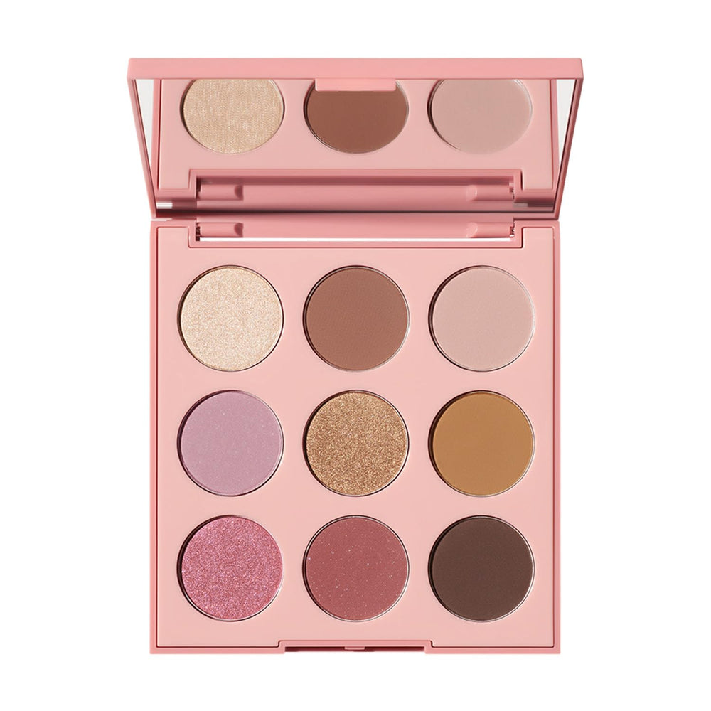Morphe 9G Sunrise Glow Palette open shows warm rosy neutrals for versatile eye looks.