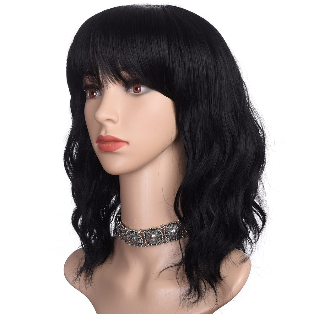 Morvally short black wavy bob wig 16in front view showcases natural movement for everyday wear.