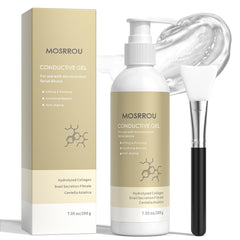 MOSRROU conductive gel bottle close-up for smooth microcurrent sessions.