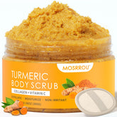 MOSRROU Turmeric Scrub bottle closed for spa-like exfoliation and hydration.