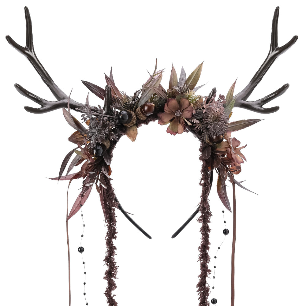 MOSTORY Dark Flower Reindeer Headband antlers close-up shows handcrafted detail for dramatic woodland cosplay