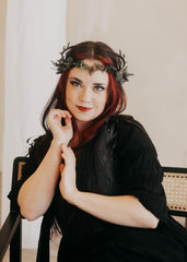 MOSTORY Light Up Elf Crown worn model at Renaissance fair for magical aristocratic cosplay.