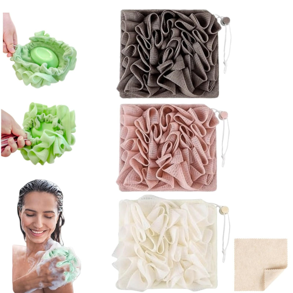 MOSYFEIBI washcloth-loofah 2in1 shows soap-holding design for convenient cleansing.