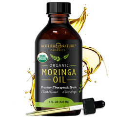 Mother Nature Organics Moringa Seed Oil bottle for facial hydration and skin nourishment.