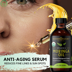 Mother Nature Organics Moringa Seed Oil ingredients panel shows USDA Organic, non-GMO, gluten-free.