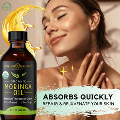Moringa Seed Oil bottle with pour spout for easy skincare application.