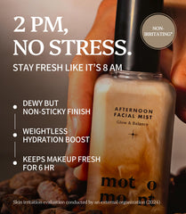 Motomont Milk Tea Dewy Skin Mist demonstrates makeup setting effect.