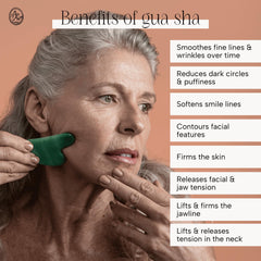 Mount Lai jade gua sha on the forehead for tension relief and uplift.