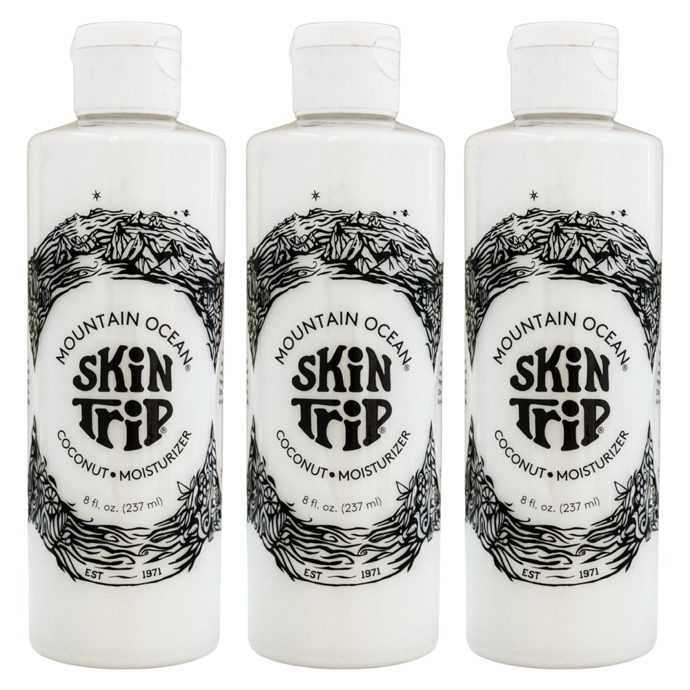 Mountain Ocean Skin Trip coconut body lotion bottle-pour shows quick hydration for daily use.