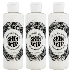 Mountain Ocean Skin Trip coconut body lotion bottle-pour shows quick hydration for daily use.