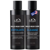 Mountaineer Brand Bald Head Exfoliator bottle closeup highlights hydrating exfoliation