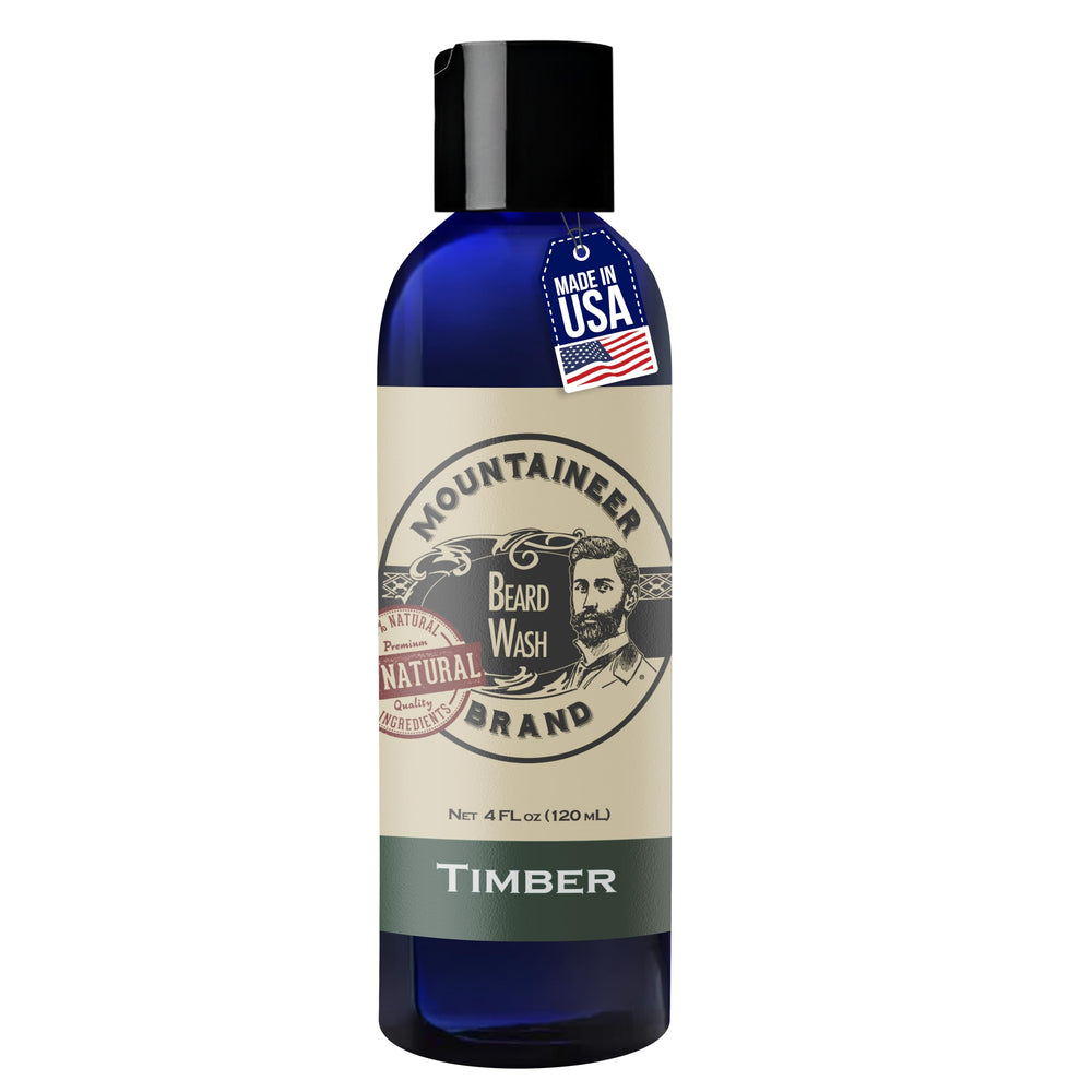 Mountaineer Brand beard wash bottle with WV Timber scent for clean, hydrated beard