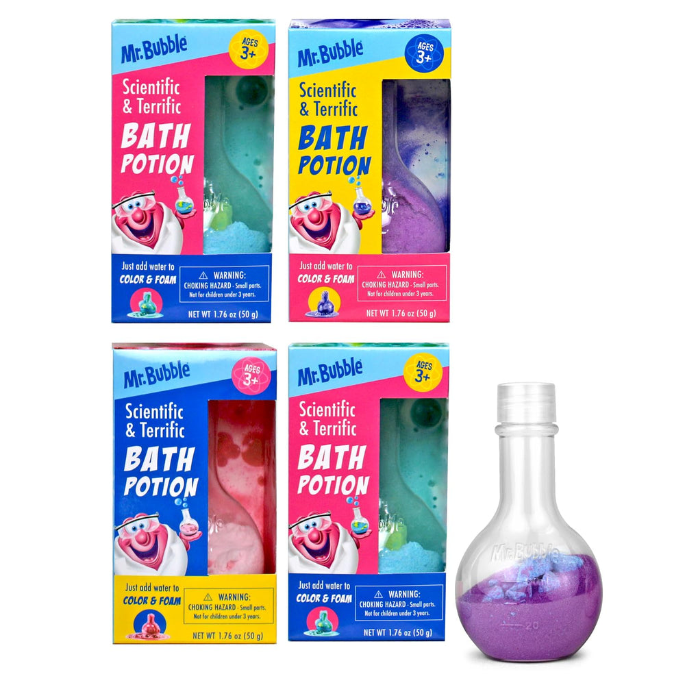 Mr. Bubble Kids Original Bath Bomb Potions pack of four brings colorful suds to bath time