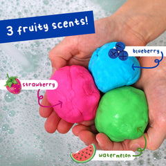 Mr. Bubble Soapy Bath Dough strawberry-scent in tub invites fragrant, imaginative play.