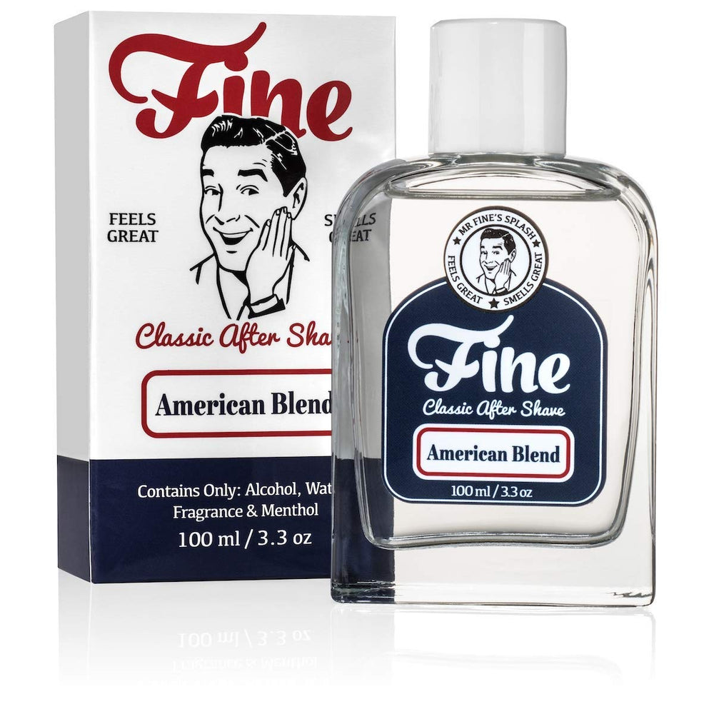 Fine Mr. Fine aftershave bottle showing American blend fragrance for a classic grooming finish