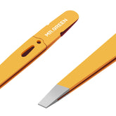 MR.GREEN eyebrow tweezers orange front view highlights precise slanted tip for fine hairs