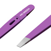 MR.GREEN Eyebrow Tweezers purple closeup shows precise stainless steel tips for clean brow shaping