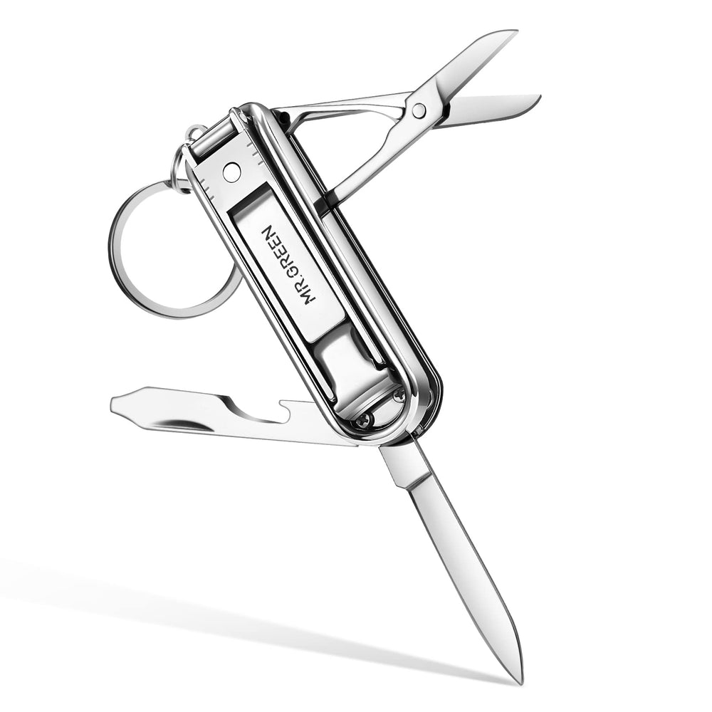 MR.GREEN multifunctional nail clipper front view shows compact stainless steel design for travel grooming.