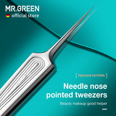 MR.GREEN needle nose tweezers provide focused tip access for eyebrow shaping and splinter removal.