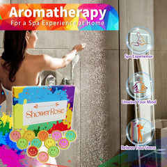 MR MIRYE rose fragrance shower steamer on bathroom shelf highlights mood-boosting self-care.