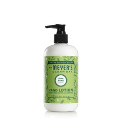 Mrs. Meyer's Clean Day Iowa Pine hand lotion bottle highlights a non-greasy formula for dry hands