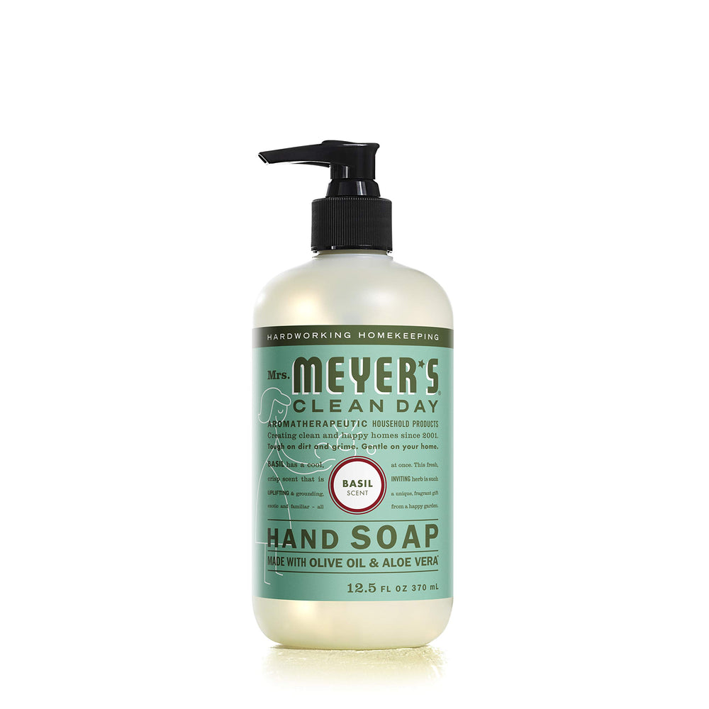 Mrs. Meyer's Clean Day Basil hand soap bottle with uplifting scent for daily cleansing