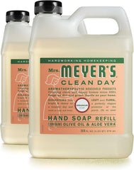Mrs. Meyer's Clean Day hand soap refill 2-pack close-up showing rosy geranium scent