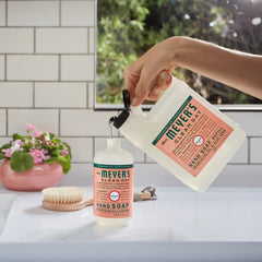 Mrs. Meyer's Clean Day hand soap refill foaming-lather with rich bubbles for daily washing.