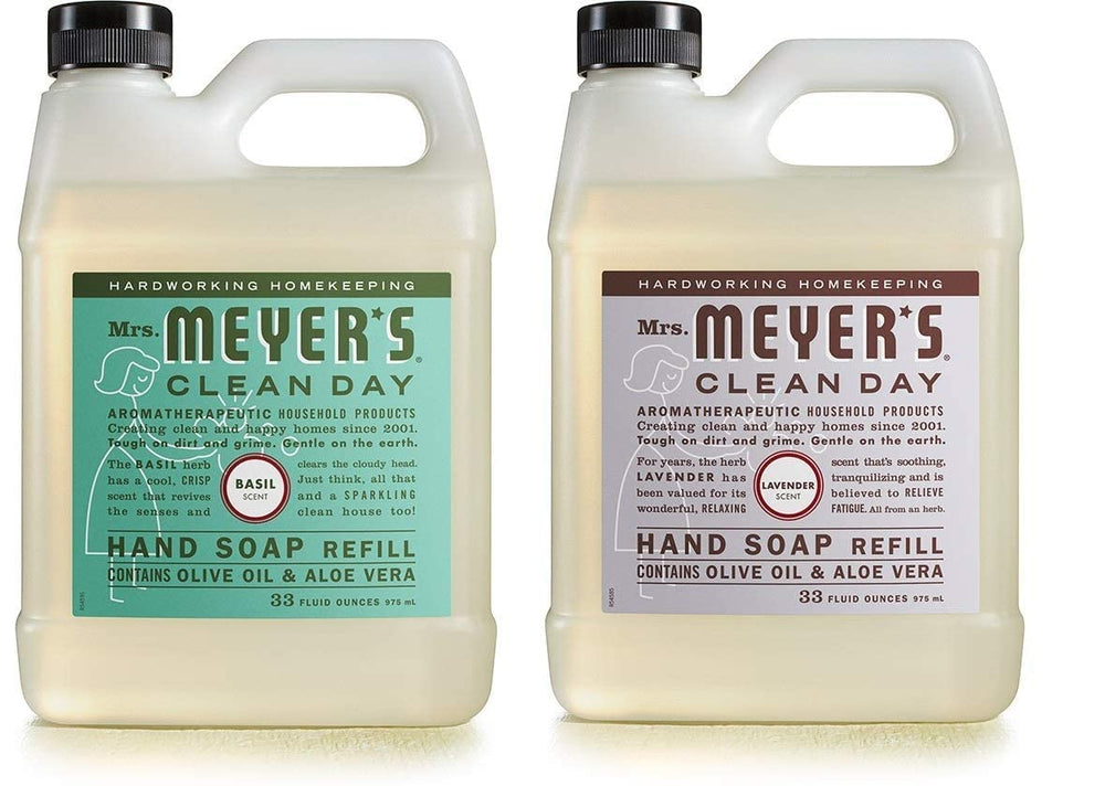 Mrs. Meyer's Clean Day Lavender + Basil refill bottle front view highlights a gentle, non-drying formula