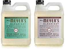 Mrs. Meyer's Clean Day Lavender + Basil refill bottle front view highlights a gentle, non-drying formula