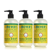 Mrs. Meyer's Clean Day Honeysuckle hand soap bottle closeup shows rich lather for daily washing.