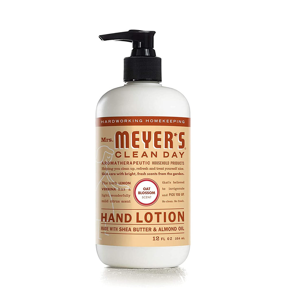 Mrs Meyer's Oat Blossom Hand Lotion bottle showcases daily hydration with a soothing oat scent.