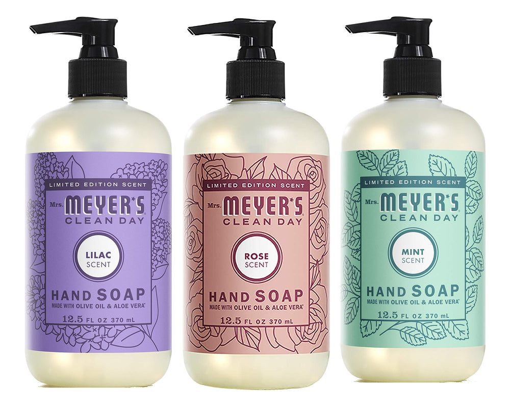 Mrs. Meyer's Rose hand soap bottle with bright floral scent for refreshing handwashing.