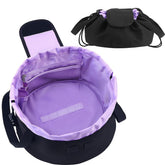 Mrsfox lay-flat bag open in purple, highlighting roomy cosmetics and brush storage.