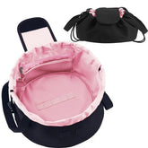 Mrsfox lay flat drawstring makeup bag pink front view showcases portable, travel-ready organization