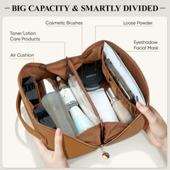 MSTONAL large-capacity bag with open-flat design for easy makeup access during travel.