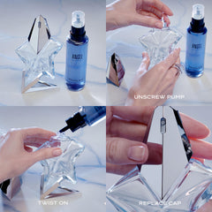 MUGLER Angel Refill bottle label displaying refillable concept for eco-conscious fragrance lovers