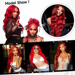 Mululi red wig body-wave hair close-up highlights texture and vivid color.