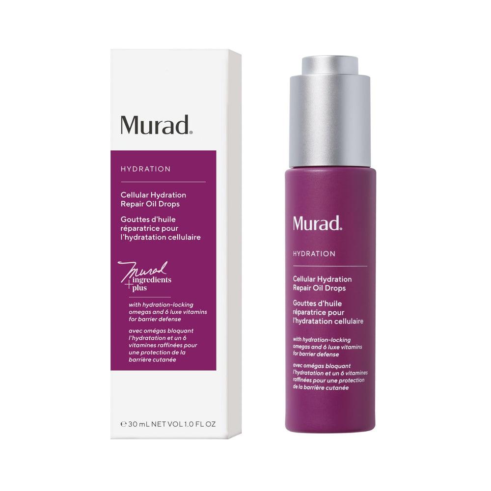 Murad Cellular Hydration Repair Oil bottle demonstrates lightweight hydration for dehydrated skin