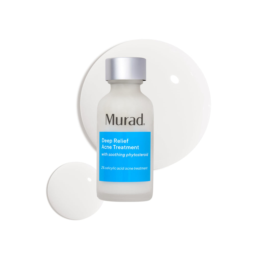 Murad Deep Relief Acne Treatment bottle demonstrates targeted relief for deep breakouts.