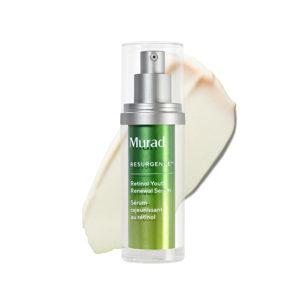 Murad Retinol Youth Renewal Serum bottle shows sleek packaging for fast-acting wrinkle reduction.